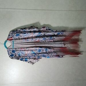 12569 Soft Surroundings sheer tan w/teal, olive & rust flocked jacket O/S